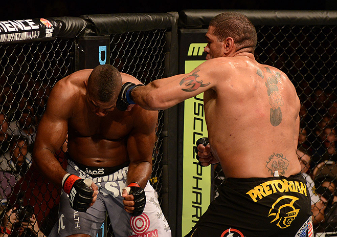 LAS VEGAS, NV - FEBRUARY 02: (R-L) Antonio Silva punches Alistair Overeem during their heavyweight fight at UFC 156 on February 2, 2013 at the Mandalay Bay Events Center in Las Vegas, Nevada. (Photo by Donald Miralle/Zuffa LLC/Zuffa LLC via Getty Images) *** Local Caption *** Alistair Overeem; Antonio Silva