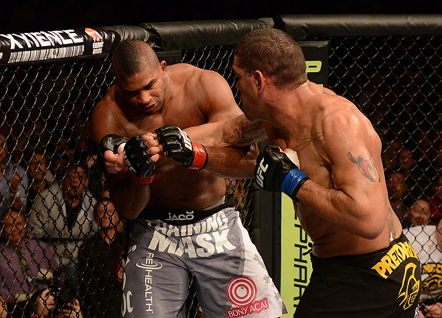 LAS VEGAS, NV - FEBRUARY 02: (R-L) Antonio Silva punches Alistair Overeem during their heavyweight fight at UFC 156 on February 2, 2013 at the Mandalay Bay Events Center in Las Vegas, Nevada. (Photo by Donald Miralle/Zuffa LLC/Zuffa LLC via Getty Images) *** Local Caption *** Alistair Overeem; Antonio Silva