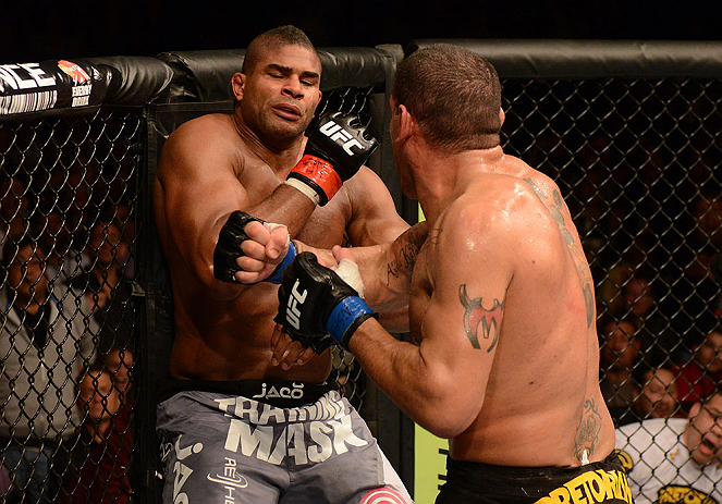 LAS VEGAS, NV - FEBRUARY 02: (R-L) Antonio Silva punches Alistair Overeem during their heavyweight fight at UFC 156 on February 2, 2013 at the Mandalay Bay Events Center in Las Vegas, Nevada. (Photo by Donald Miralle/Zuffa LLC/Zuffa LLC via Getty Images) *** Local Caption *** Alistair Overeem; Antonio Silva