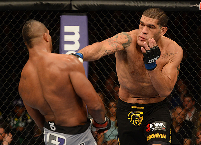 LAS VEGAS, NV - FEBRUARY 02: (R-L) Antonio Silva punches Alistair Overeem during their heavyweight fight at UFC 156 on February 2, 2013 at the Mandalay Bay Events Center in Las Vegas, Nevada. (Photo by Donald Miralle/Zuffa LLC/Zuffa LLC via Getty Images) *** Local Caption *** Alistair Overeem; Antonio Silva