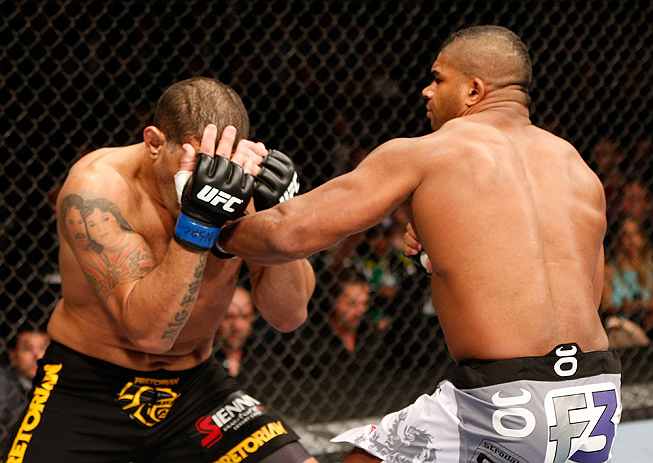 LAS VEGAS, NV - FEBRUARY 02: (R-L) Alistair Overeem punches Antonio Silva during their heavyweight fight at UFC 156 on February 2, 2013 at the Mandalay Bay Events Center in Las Vegas, Nevada. (Photo by Josh Hedges/Zuffa LLC/Zuffa LLC via Getty Images) *** Local Caption *** Alistair Overeem; Antonio Silva