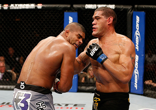 LAS VEGAS, NV - FEBRUARY 02: (R-L) Antonio Silva punches Alistair Overeem during their heavyweight fight at UFC 156 on February 2, 2013 at the Mandalay Bay Events Center in Las Vegas, Nevada. (Photo by Josh Hedges/Zuffa LLC/Zuffa LLC via Getty Images) *** Local Caption *** Alistair Overeem; Antonio Silva