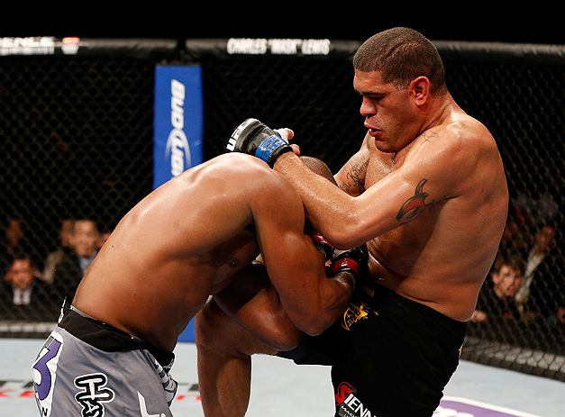 LAS VEGAS, NV - FEBRUARY 02: (R-L) Antonio Silva knees Alistair Overeem during their heavyweight fight at UFC 156 on February 2, 2013 at the Mandalay Bay Events Center in Las Vegas, Nevada. (Photo by Josh Hedges/Zuffa LLC/Zuffa LLC via Getty Images) *** Local Caption *** Alistair Overeem; Antonio Silva
