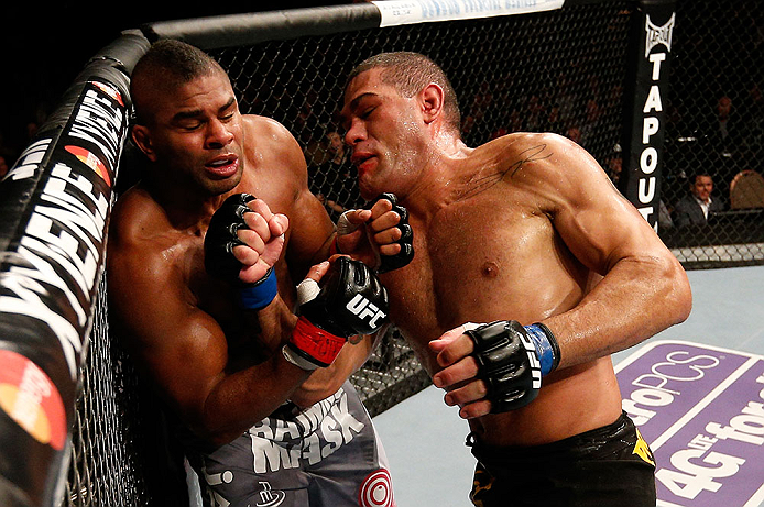 LAS VEGAS, NV - FEBRUARY 02: (R-L) Antonio Silva punches Alistair Overeem during their heavyweight fight at UFC 156 on February 2, 2013 at the Mandalay Bay Events Center in Las Vegas, Nevada. (Photo by Josh Hedges/Zuffa LLC/Zuffa LLC via Getty Images) *** Local Caption *** Alistair Overeem; Antonio Silva