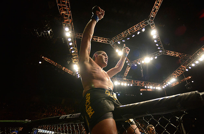LAS VEGAS, NV - FEBRUARY 02: Antonio Silva reacts to his knockout victory over Alistair Overeem after their heavyweight fight at UFC 156 on February 2, 2013 at the Mandalay Bay Events Center in Las Vegas, Nevada. (Photo by Donald Miralle/Zuffa LLC/Zuffa LLC via Getty Images) *** Local Caption *** Alistair Overeem; Antonio Silva