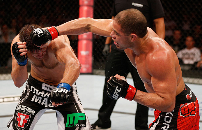 (R-L) Thales Leites punches Tom Watson in their middleweight bout during UFC 163 at HSBC Arena on August 3, 2013 in Rio de Janeiro, Brazil. (Photo by Josh Hedges/Zuffa LLC)