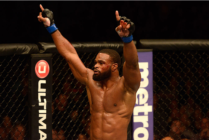 LAS VEGAS, NV - NOVEMBER 16:  Tyron Woodley reacts to his victory over Josh Koscheck in their welterweight bout during the UFC 167 event inside the MGM Grand Garden Arena on November 16, 2013 in Las Vegas, Nevada. (Photo by Donald Miralle/Zuffa LLC/Zuffa LLC via Getty Images) *** Local Caption *** Tyron Woodley