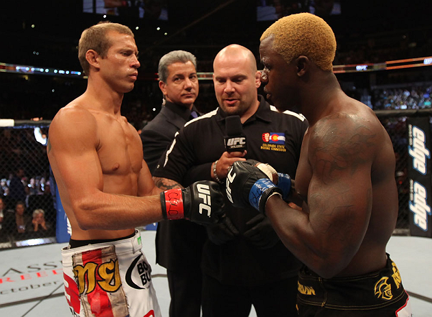 DENVER, CO - AUGUST 11:  (L-R) Donald "Cowboy" Cerrone and Melvin Guillard receive final instructions from the referee before their lightweight bout at UFC 150 inside Pepsi Center on August 11, 2012 in Denver, Colorado. (Photo by Nick Laham/Zuffa LLC/Zuffa LLC via Getty Images)