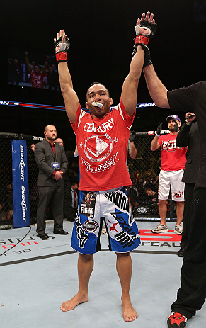 MINNEAPOLIS, MN - OCTOBER 05: John Dodson reacts after knocking out Jussier Formiga during their flyweight fight at the UFC on FX event at Target Center on October 5, 2012 in Minneapolis, Minnesota. (Photo by Josh Hedges/Zuffa LLC/Zuffa LLC via Getty Images)
