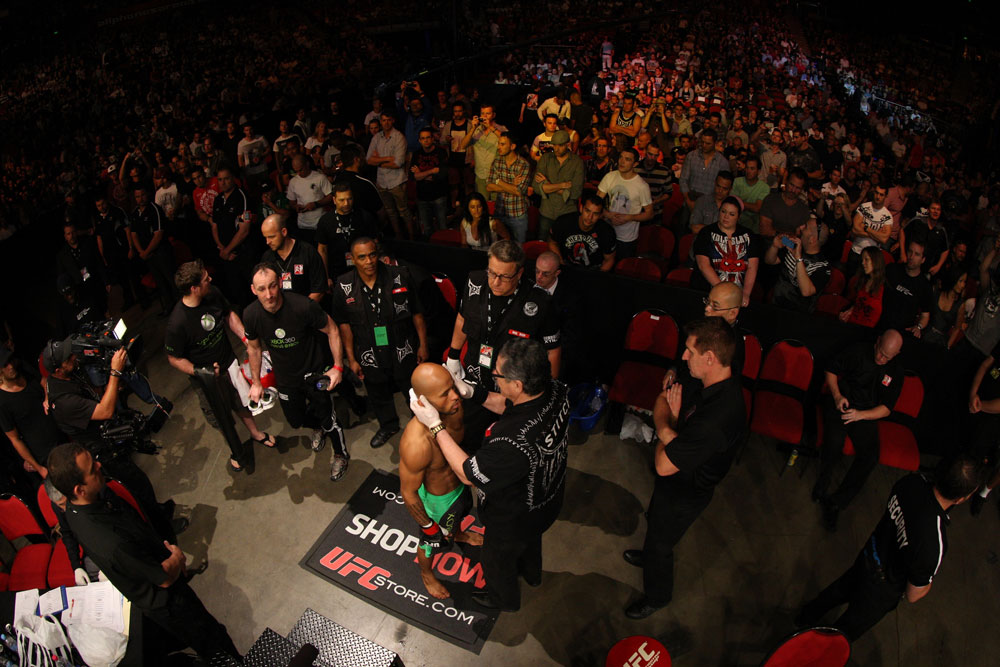 SYDNEY, AUSTRALIA - MARCH 03: Demetrious Johnson prepares to enter the Octagon before his bout against Ian McCall during the UFC on FX event at Allphones Arena on March 3, 2012 in Sydney, Australia. (Photo by Josh Hedges/Zuffa LLC/Zuffa LLC via Getty Images) *** Local Caption *** Demetrious Johnson