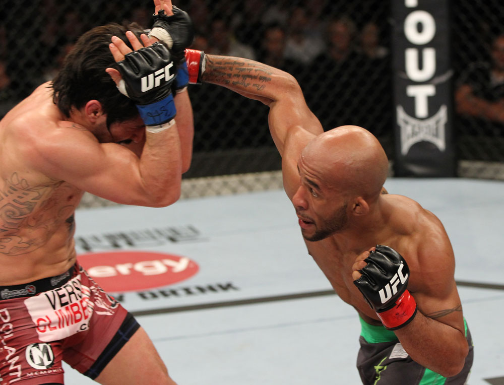 SYDNEY, AUSTRALIA - MARCH 03: (R-L) Demetrious Johnson punches Ian McCall in a flyweight bout during the UFC on FX event at Allphones Arena on March 3, 2012 in Sydney, Australia. (Photo by Josh Hedges/Zuffa LLC/Zuffa LLC via Getty Images) *** Local Caption *** Demetrious Johnson; Ian McCall
