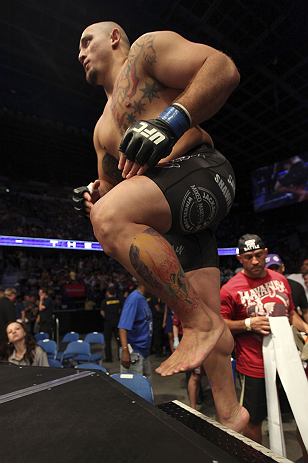 CALGARY, CANADA - JULY 21: Shawn Jordan enters the Octagon prior to his matchup against Cheick Kongo during their heavyweight bout at UFC 149 inside the Scotiabank Saddledome on July 21, 2012 in Calgary, Alberta, Canada.  (Photo by Nick Laham/Zuffa LLC/Zuffa LLC via Getty Images)
