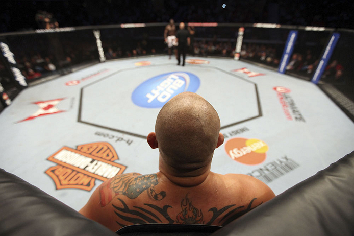 CALGARY, CANADA - JULY 21: Shawn Jordan stands in his corner of the Octagon after he hit Kongo with an accidental elbow below the belt during their heavyweight bout at UFC 149 inside the Scotiabank Saddledome on July 21, 2012 in Calgary, Alberta, Canada.  (Photo by Nick Laham/Zuffa LLC/Zuffa LLC via Getty Images)