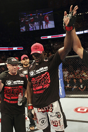 CALGARY, CANADA - JULY 21: Cheick Kongo celebrates after defeating Shawn Jordan during their heavyweight bout at UFC 149 inside the Scotiabank Saddledome on July 21, 2012 in Calgary, Alberta, Canada.  (Photo by Nick Laham/Zuffa LLC/Zuffa LLC via Getty Images)