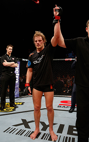 LONDON, ENGLAND - FEBRUARY 16: Gunnar Nelson reacts after defeating Jorge Santiago in their welterweight fight during the UFC on Fuel TV event on February 16, 2013 at Wembley Arena in London, England. (Photo by Josh Hedges/Zuffa LLC/Zuffa LLC via Getty Images)