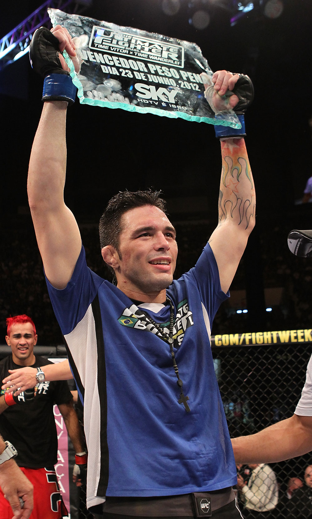 BELO HORIZONTE, BRAZIL - JUNE 23: Rony "Jason" Mariano Bezerra reacts after defeating Godofredo Pepey during their UFC 147 featherweight bout at Estadio Jornalista Felipe Drummond on June 23, 2012 in Belo Horizonte, Brazil. (Photo by Josh Hedges/Zuffa LLC/Zuffa LLC via Getty Images)