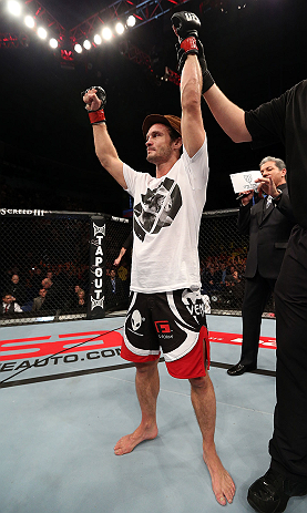 NOTTINGHAM, ENGLAND - SEPTEMBER 29: Brad Pickett reacts after knocking out Yves Jabouin during their bantamweight fight at the UFC on Fuel TV event at Capital FM Arena on September 29, 2012 in Nottingham, England. (Photo by Josh Hedges/Zuffa LLC/Zuffa LLC via Getty Images)