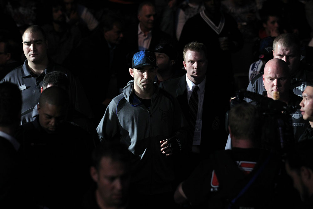 TORONTO, ON - DECEMBER 10:  Brian Ebersole enters the arena before his bout against Claude Patrick during the UFC 140 event at Air Canada Centre on December 10, 2011 in Toronto, Ontario, Canada.  (Photo by Nick Laham/Zuffa LLC/Zuffa LLC via Getty Images)