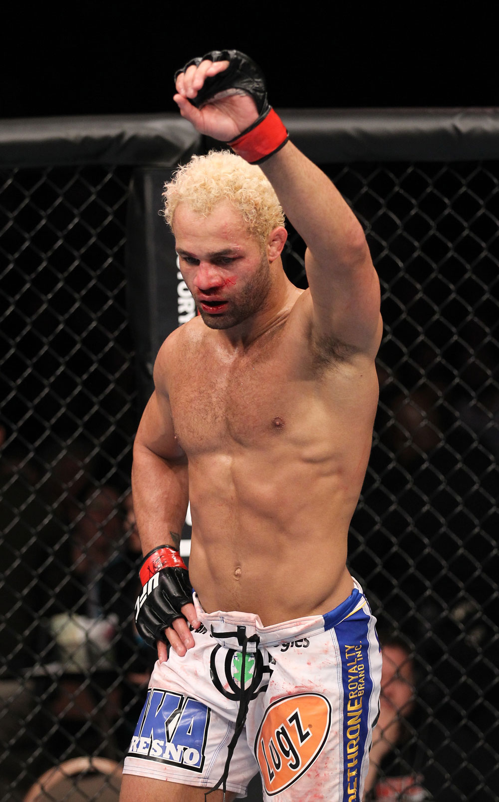 LAS VEGAS, NV - FEBRUARY 04:  Josh Koscheck reacts to his victory over Mike Pierce during the UFC 143 event at Mandalay Bay Events Center on February 4, 2012 in Las Vegas, Nevada.  (Photo by Nick Laham/Zuffa LLC/Zuffa LLC via Getty Images) *** Local Caption *** Josh Koscheck