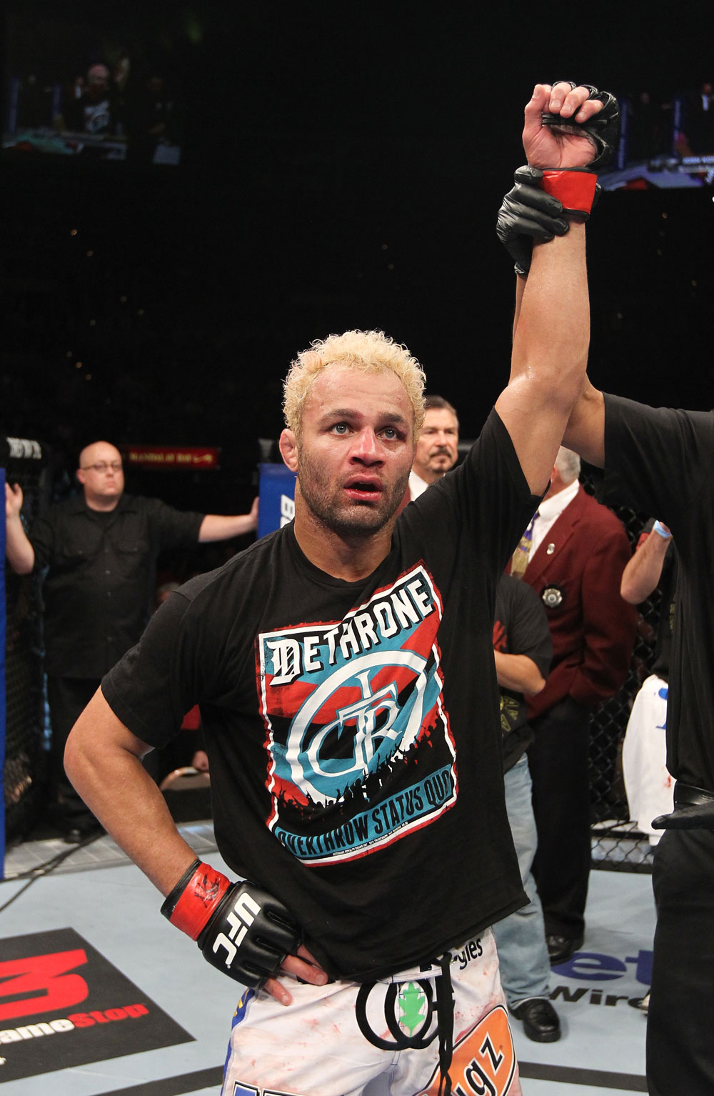LAS VEGAS, NV - FEBRUARY 04:  Josh Koscheck is declared the winner in his fight against Mike Pierce during the UFC 143 event at Mandalay Bay Events Center on February 4, 2012 in Las Vegas, Nevada.  (Photo by Nick Laham/Zuffa LLC/Zuffa LLC via Getty Images) *** Local Caption *** Josh Koscheck