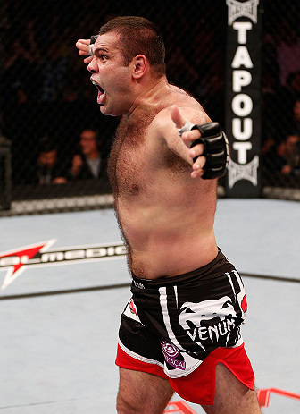 SAO PAULO, BRAZIL - JANUARY 19: Gabriel Gonzaga reacts after defeating Ben Rothwell in their heavyweight fight at the UFC on FX event on January 19, 2013 at Ibirapuera Gymnasium in Sao Paulo, Brazil. (Photo by Josh Hedges/Zuffa LLC/Zuffa LLC via Getty Images)