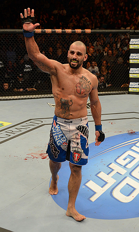 LAS VEGAS, NV - DECEMBER 29:  Constantinos Philippou reacts to his win over Tim Boetsch after their middleweight fight at UFC 155 on December 29, 2012 at MGM Grand Garden Arena in Las Vegas, Nevada. (Photo by Donald Miralle/Zuffa LLC/Zuffa LLC via Getty Images) *** Local Caption *** Tim Boetsch; Constantinos Philippou