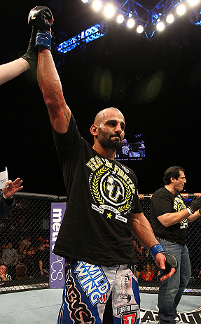 LAS VEGAS, NV - DECEMBER 29:  Constantinos Philippou reacts to being declared the winner against Tim Boetsch after their middleweight fight at UFC 155 on December 29, 2012 at MGM Grand Garden Arena in Las Vegas, Nevada. (Photo by Josh Hedges/Zuffa LLC/Zuffa LLC via Getty Images) *** Local Caption *** Tim Boetsch; Constantinos Philippou