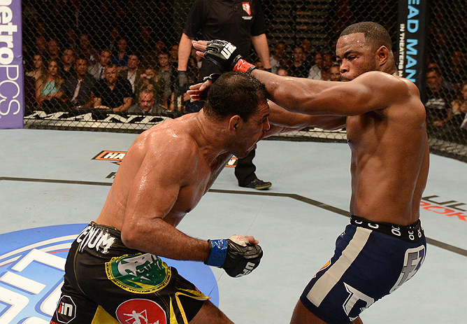 LAS VEGAS, NV - FEBRUARY 02: (L-R) Antonio Rogerio Nogueira punches Rashad Evans during their light heavyweight fight at UFC 156 on February 2, 2013 at the Mandalay Bay Events Center in Las Vegas, Nevada. (Photo by Donald Miralle/Zuffa LLC/Zuffa LLC via Getty Images) *** Local Caption *** Rashad Evans; Antonio Rogerio Nogueira