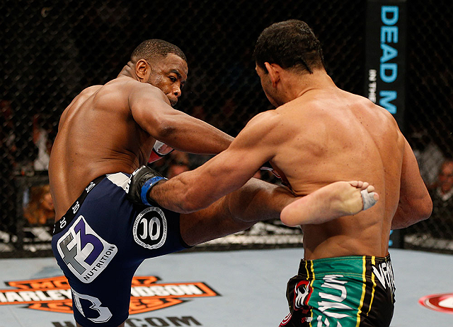 LAS VEGAS, NV - FEBRUARY 02: (L-R) Rashad Evans kicks Antonio Rogerio Nogueira during their light heavyweight fight at UFC 156 on February 2, 2013 at the Mandalay Bay Events Center in Las Vegas, Nevada. (Photo by Josh Hedges/Zuffa LLC/Zuffa LLC via Getty Images) *** Local Caption *** Rashad Evans; Antonio Rogerio Nogueira