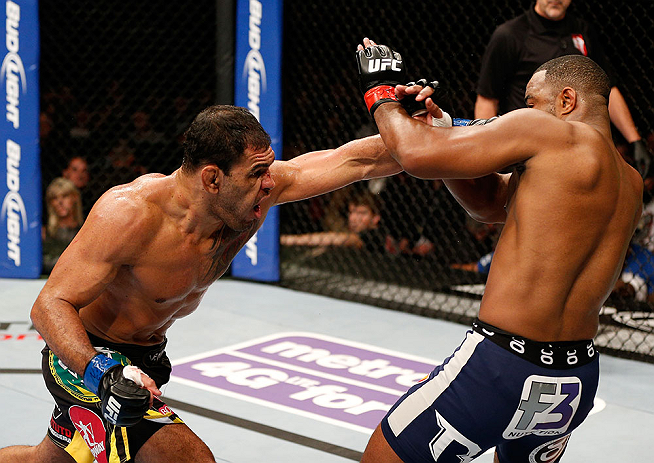 LAS VEGAS, NV - FEBRUARY 02: (L-R) Antonio Rogerio Nogueira punches Rashad Evans during their light heavyweight fight at UFC 156 on February 2, 2013 at the Mandalay Bay Events Center in Las Vegas, Nevada. (Photo by Josh Hedges/Zuffa LLC/Zuffa LLC via Getty Images) *** Local Caption *** Rashad Evans; Antonio Rogerio Nogueira
