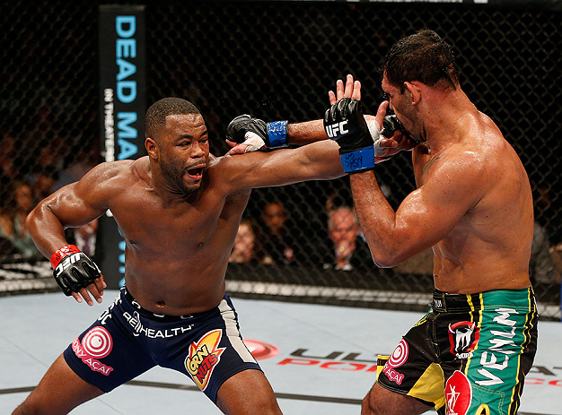 LAS VEGAS, NV - FEBRUARY 02: (L-R) Rashad Evans punches Antonio Rogerio Nogueira during their light heavyweight fight at UFC 156 on February 2, 2013 at the Mandalay Bay Events Center in Las Vegas, Nevada. (Photo by Donald Miralle/Zuffa LLC/Zuffa LLC via Getty Images) *** Local Caption *** Rashad Evans; Antonio Rogerio Nogueira