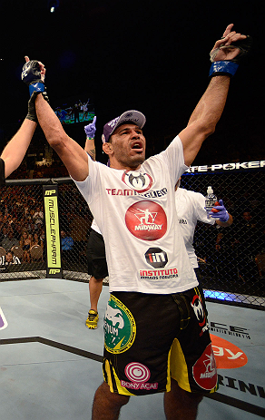 LAS VEGAS, NV - FEBRUARY 02: Antonio Rogerio Nogueira reacts to his victory over Rashad Evans after their light heavyweight fight at UFC 156 on February 2, 2013 at the Mandalay Bay Events Center in Las Vegas, Nevada. (Photo by Josh Hedges/Zuffa LLC/Zuffa LLC via Getty Images) *** Local Caption *** Rashad Evans; Antonio Rogerio Nogueira