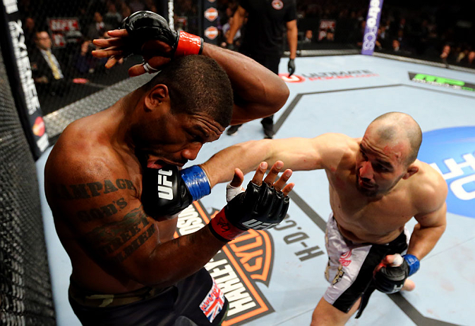 CHICAGO, IL - JANUARY 26:  Glover Teixeira (R) punches Rampage Jackson (L) during their Light Heavyweight Bout part of UFC on FOX at United Center on January 26, 2013 in Chicago, Illinois.  (Photo by Al Bello/Zuffa LLC/Zuffa LLC Via Getty Images)