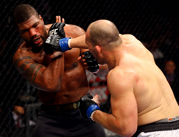 CHICAGO, IL - JANUARY 26:  Glover Teixeira (R) punches Rampage Jackson (L) during their Light Heavyweight Bout part of UFC on FOX at United Center on January 26, 2013 in Chicago, Illinois.  (Photo by Al Bello/Zuffa LLC/Zuffa LLC Via Getty Images)