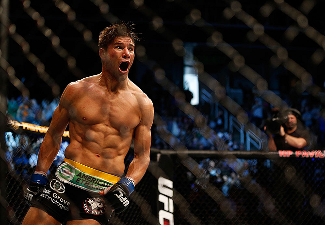 SAN JOSE, CA - APRIL 20:   Josh Thomson reacts to his victory over Nate Diaz in their lightweight bout during the UFC on FOX event during the UFC on FOX event at the HP Pavilion on April 20, 2013 in San Jose, California.  (Photo by Josh Hedges/Zuffa LLC/Zuffa LLC via Getty Images)  *** Local Caption *** Nate Diaz; Josh Thomson