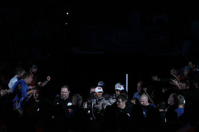 MINNEAPOLIS, MN - OCTOBER 05:  Jay Hieron enters the arena before his welterweight fight against Jake Ellenberger at the UFC on FX event at Target Center on October 5, 2012 in Minneapolis, Minnesota.  (Photo by Josh Hedges/Zuffa LLC/Zuffa LLC via Getty Images)