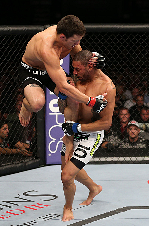 MINNEAPOLIS, MN - OCTOBER 05: (R-L) Jay Hieron attempts to take down Jake Ellenberger during their welterweight fight at the UFC on FX event at Target Center on October 5, 2012 in Minneapolis, Minnesota. (Photo by Josh Hedges/Zuffa LLC/Zuffa LLC via Getty Images)