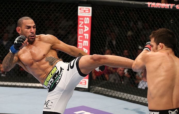 MINNEAPOLIS, MN - OCTOBER 05: (L-R) Jay Hieron kicks Jake Ellenberger during their welterweight fight at the UFC on FX event at Target Center on October 5, 2012 in Minneapolis, Minnesota. (Photo by Josh Hedges/Zuffa LLC/Zuffa LLC via Getty Images)