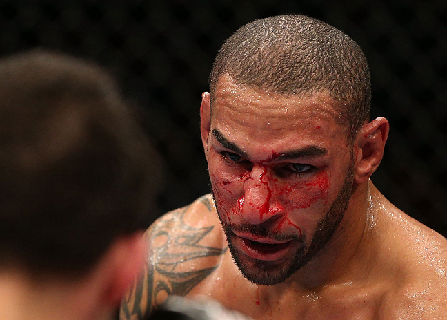 MINNEAPOLIS, MN - OCTOBER 05: (R-L) Jay Hieron squares off with Jake Ellenberger during their welterweight fight at the UFC on FX event at Target Center on October 5, 2012 in Minneapolis, Minnesota. (Photo by Josh Hedges/Zuffa LLC/Zuffa LLC via Getty Images)