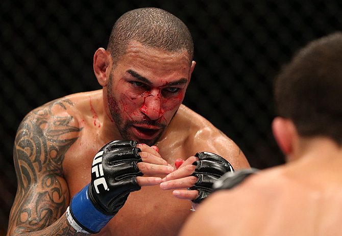 MINNEAPOLIS, MN - OCTOBER 05: (L-R) Jay Hieron squares off with Jake Ellenberger during their welterweight fight at the UFC on FX event at Target Center on October 5, 2012 in Minneapolis, Minnesota. (Photo by Josh Hedges/Zuffa LLC/Zuffa LLC via Getty Images)