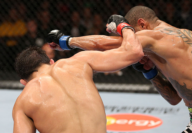 MINNEAPOLIS, MN - OCTOBER 05: (L-R) Jake Ellenberger and Jay Hieron trade punches during their welterweight fight at the UFC on FX event at Target Center on October 5, 2012 in Minneapolis, Minnesota. (Photo by Josh Hedges/Zuffa LLC/Zuffa LLC via Getty Images)