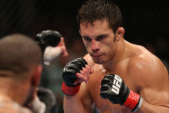 MINNEAPOLIS, MN - OCTOBER 05: (R-L) Jake Ellenberger squares off with Jay Hieron during their welterweight fight at the UFC on FX event at Target Center on October 5, 2012 in Minneapolis, Minnesota. (Photo by Josh Hedges/Zuffa LLC/Zuffa LLC via Getty Images)
