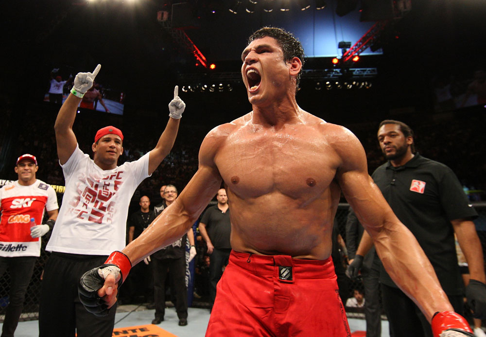 BELO HORIZONTE, BRAZIL - JUNE 23: Cezar "Mutante" Ferreira reacts after defeating Sergio "Serginho" Moraes during their UFC 147 middleweight bout at Estadio Jornalista Felipe Drummond on June 23, 2012 in Belo Horizonte, Brazil. (Photo by Josh Hedges/Zuffa LLC/Zuffa LLC via Getty Images)