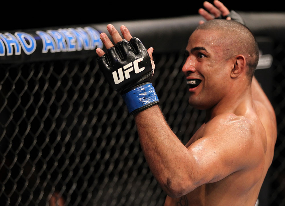 BELO HORIZONTE, BRAZIL - JUNE 23: Sergio "Serginho" Moraes reacts to the crowd during his UFC 147 bout against Cezar "Mutante" Ferreira at Estadio Jornalista Felipe Drummond on June 23, 2012 in Belo Horizonte, Brazil. (Photo by Josh Hedges/Zuffa LLC/Zuffa LLC via Getty Images)