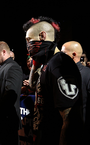 NOTTINGHAM, ENGLAND - SEPTEMBER 29: Dan Hardy enters the arena before his welterweight fight against Amir Sadollah at the UFC on Fuel TV event at Capital FM Arena on September 29, 2012 in Nottingham, England. (Photo by Josh Hedges/Zuffa LLC/Zuffa LLC via Getty Images)