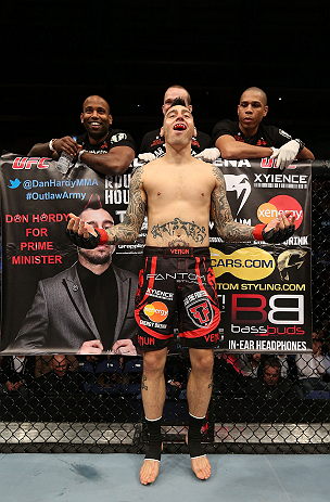 NOTTINGHAM, ENGLAND - SEPTEMBER 29: Dan Hardy stands in the Octagon before his welterweight fight against Amir Sadollah at the UFC on Fuel TV event at Capital FM Arena on September 29, 2012 in Nottingham, England. (Photo by Josh Hedges/Zuffa LLC/Zuffa LLC via Getty Images)