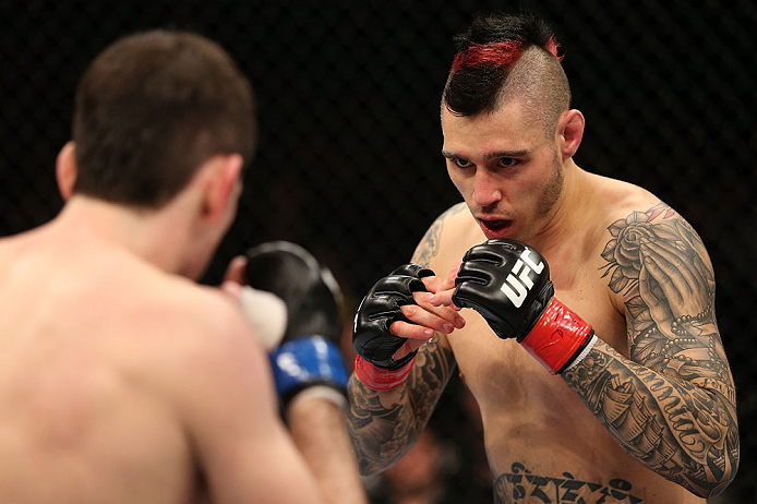 NOTTINGHAM, ENGLAND - SEPTEMBER 29: (R-L) Dan Hardy squares off with Amir Sadollah during their welterweight fight at the UFC on Fuel TV event at Capital FM Arena on September 29, 2012 in Nottingham, England. (Photo by Josh Hedges/Zuffa LLC/Zuffa LLC via Getty Images)