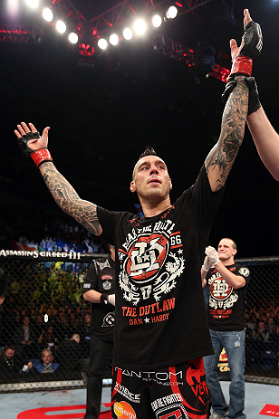 NOTTINGHAM, ENGLAND - SEPTEMBER 29: Dan Hardy reacts after defeating Amir Sadollah during their welterweight fight at the UFC on Fuel TV event at Capital FM Arena on September 29, 2012 in Nottingham, England. (Photo by Josh Hedges/Zuffa LLC/Zuffa LLC via Getty Images)