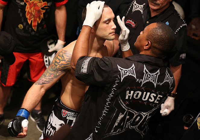 DENVER, CO - AUGUST 11:  Frankie Edgar prepares to enter the Octagon before his bout against Benson Henderson at UFC 150 inside Pepsi Center on August 11, 2012 in Denver, Colorado. (Photo by Nick Laham/Zuffa LLC/Zuffa LLC via Getty Images)
