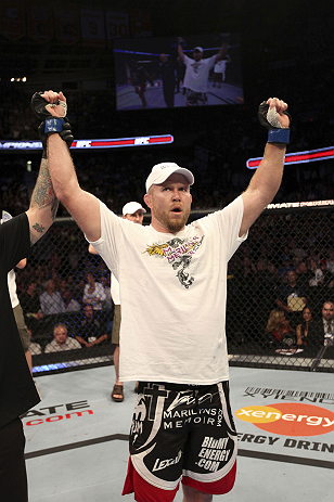 CALGARY, CANADA - JULY 21:  (L-R) Tim Boetsch celebrates after defeating Hector Lombard during their middleweight bout at UFC 149 inside the Scotiabank Saddledome on July 21, 2012 in Calgary, Alberta, Canada.  (Photo by Nick Laham/Zuffa LLC/Zuffa LLC via Getty Images)
